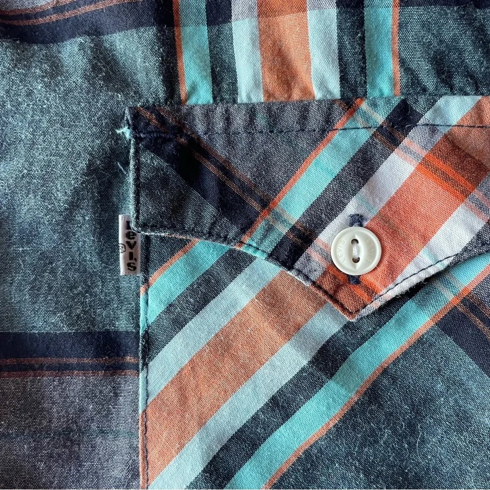 Levi's Teal and‎ Orange Plaid Button Down Shirt